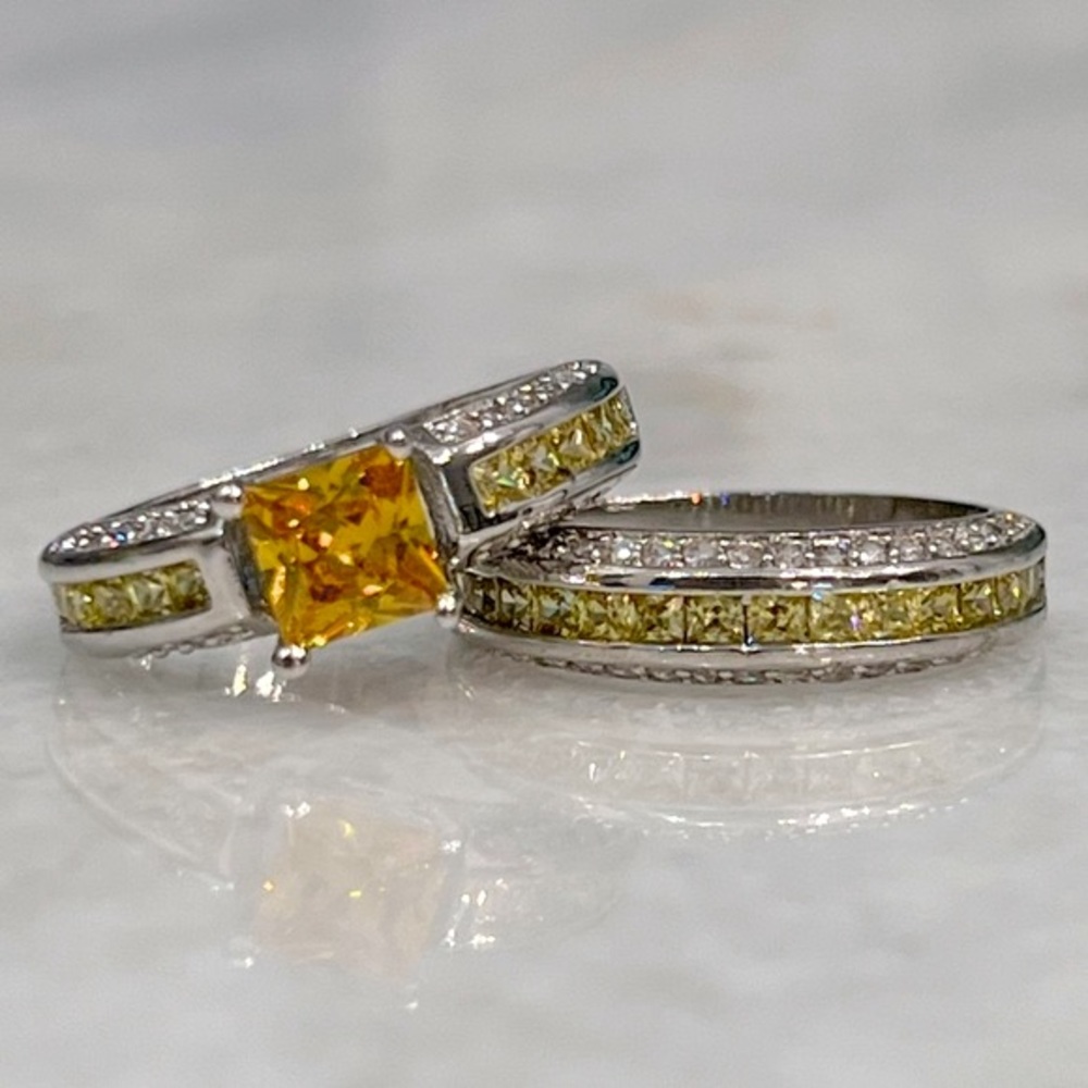 Set of 2 Yellow and White Diamond Silver Rings Set